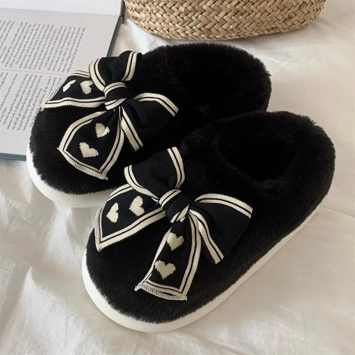 Women's Cute Bowknot Fuzzy Plush Slippers for Winter Indoor Slip-Ons