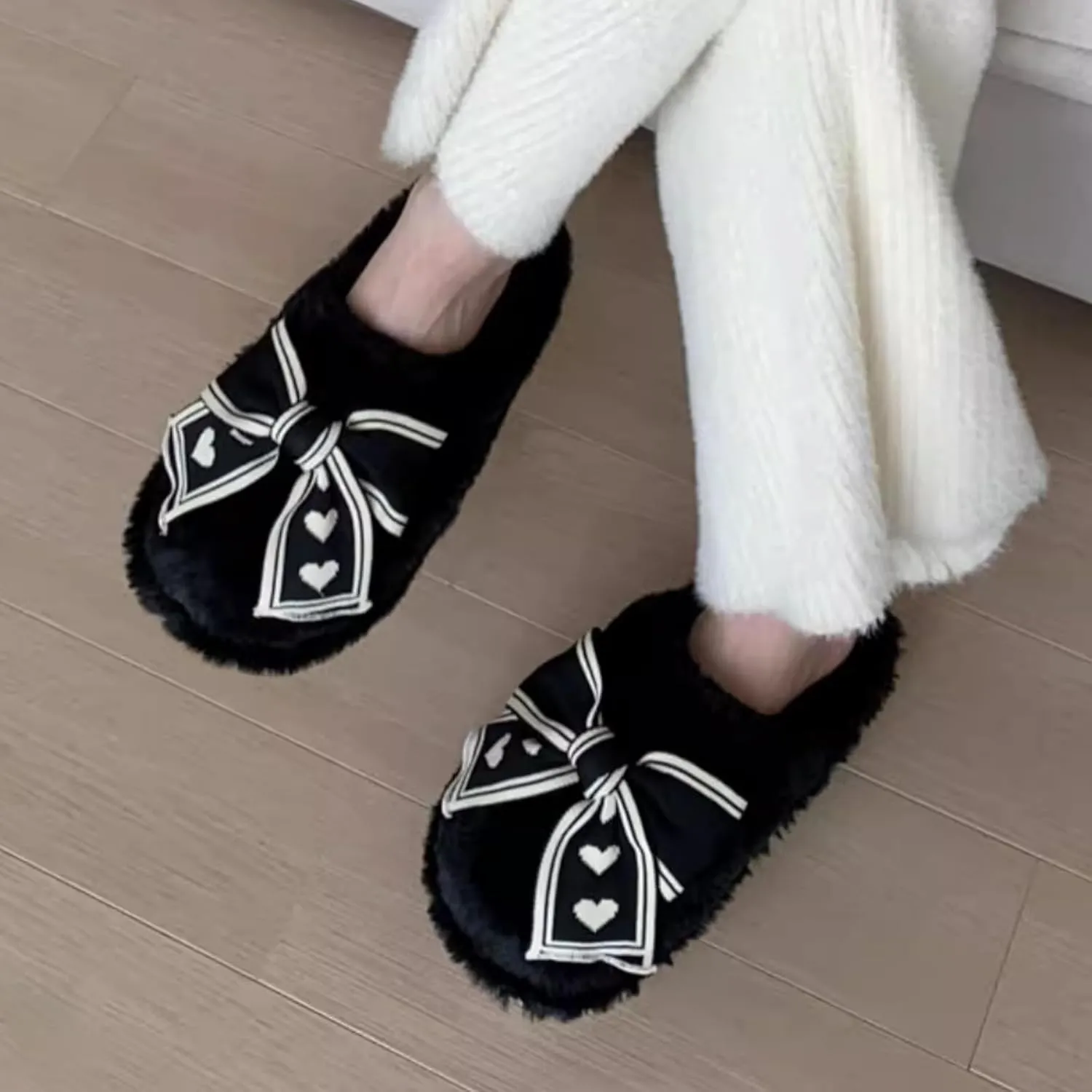 Women's Cute Bowknot Fuzzy Plush Slippers for Winter Indoor Slip-Ons
