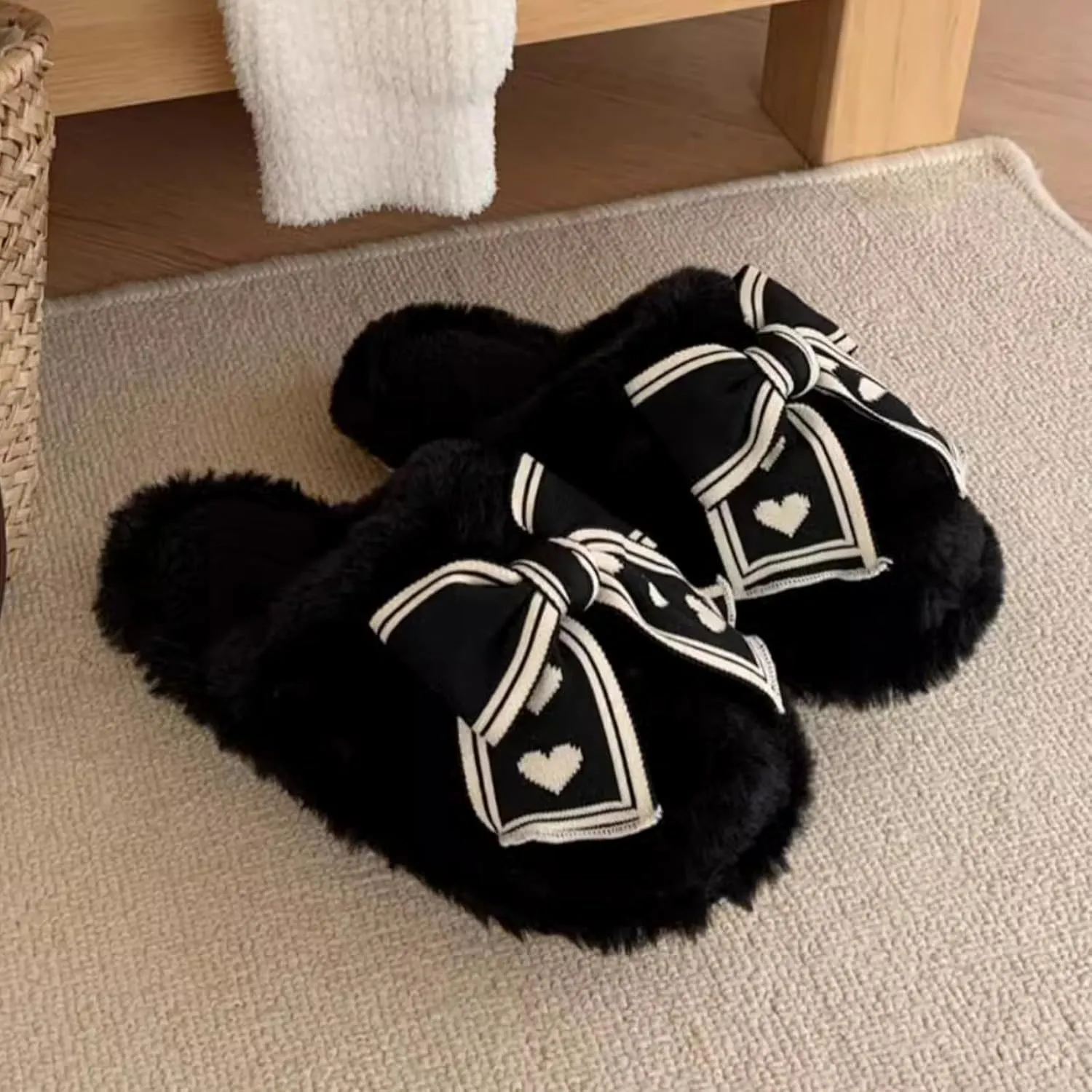 Women's Cute Bowknot Fuzzy Plush Slippers for Winter Indoor Slip-Ons