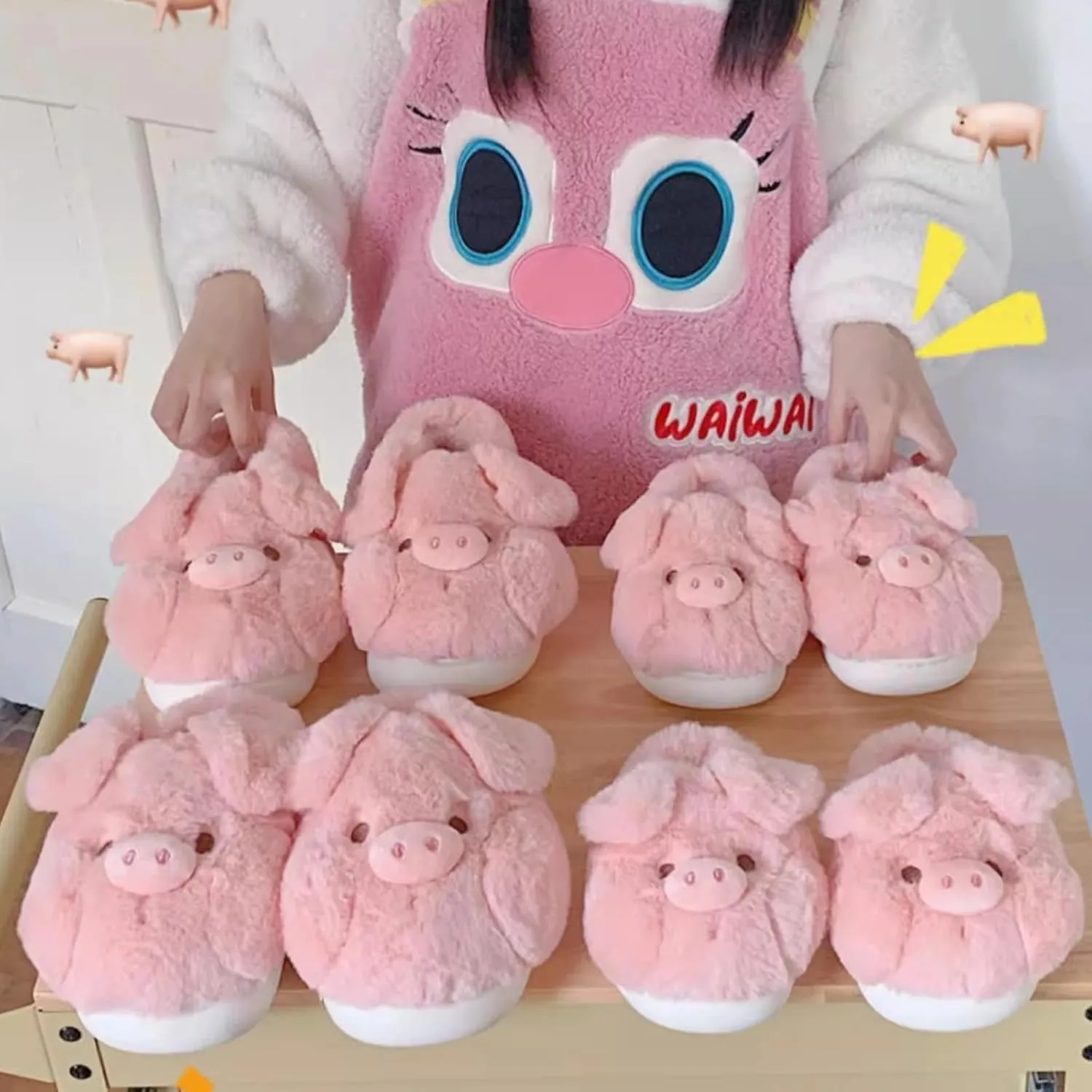 Women's Cute Piggy Plush Slippers for Winter, Indoor Fuzzy Slip-on Home Shoes
