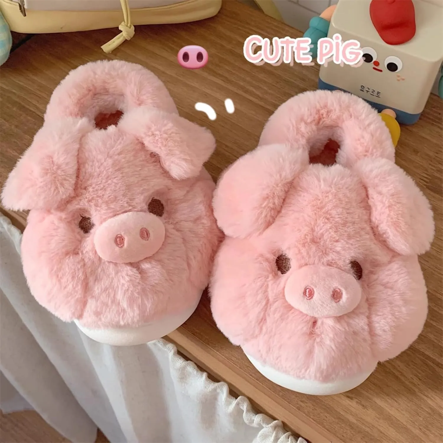 Women's Cute Piggy Plush Slippers for Winter, Indoor Fuzzy Slip-on Home Shoes