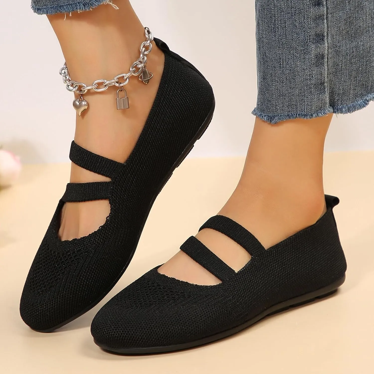 Women's Flat Ballet Shoes Knit Flat Shoes Round Toe Slip on Women Flats for Dressy Casual Office Work Wedding