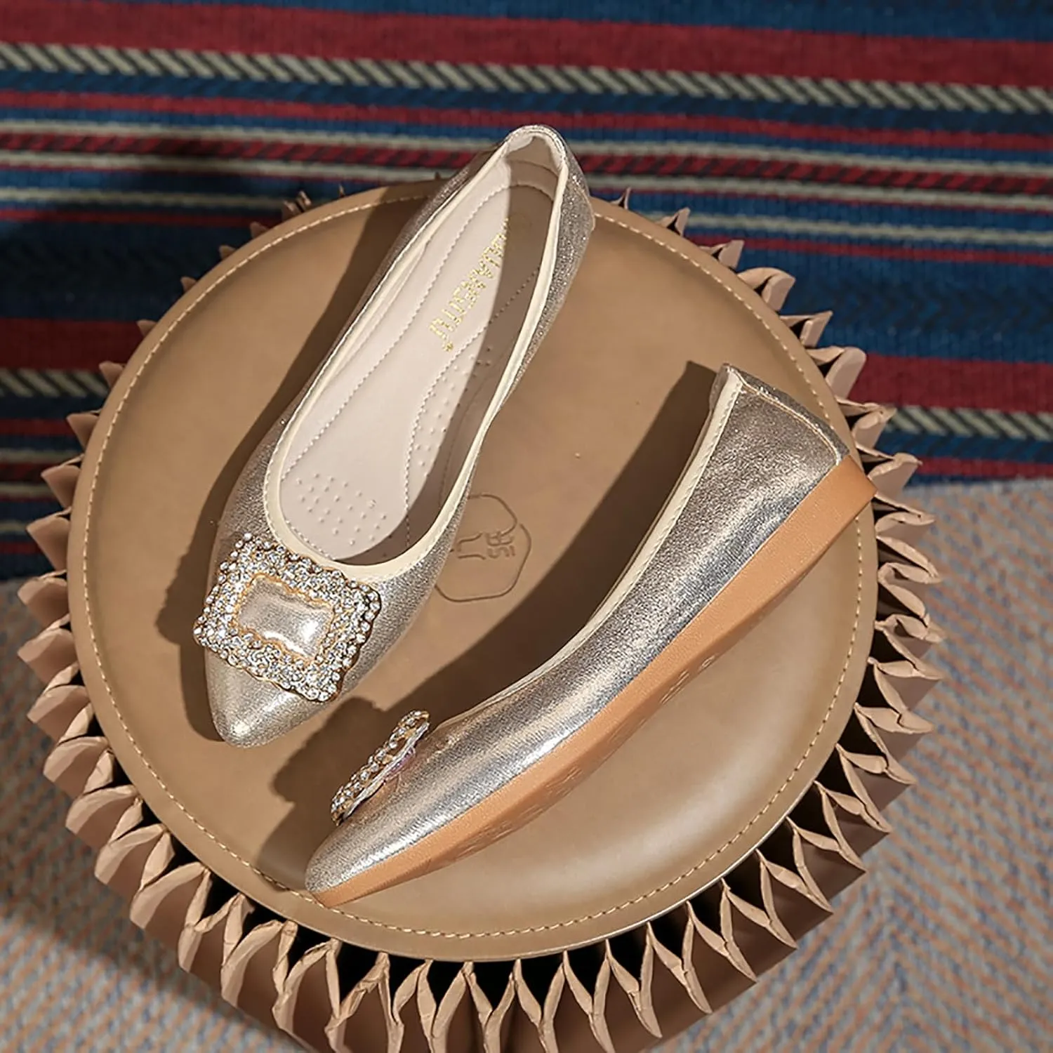 Women's Flats, Foldable Ballet Flats for Women, Fashion Buckle Pionted Toe Comfort Light Weight Slip-On Dress Shoes