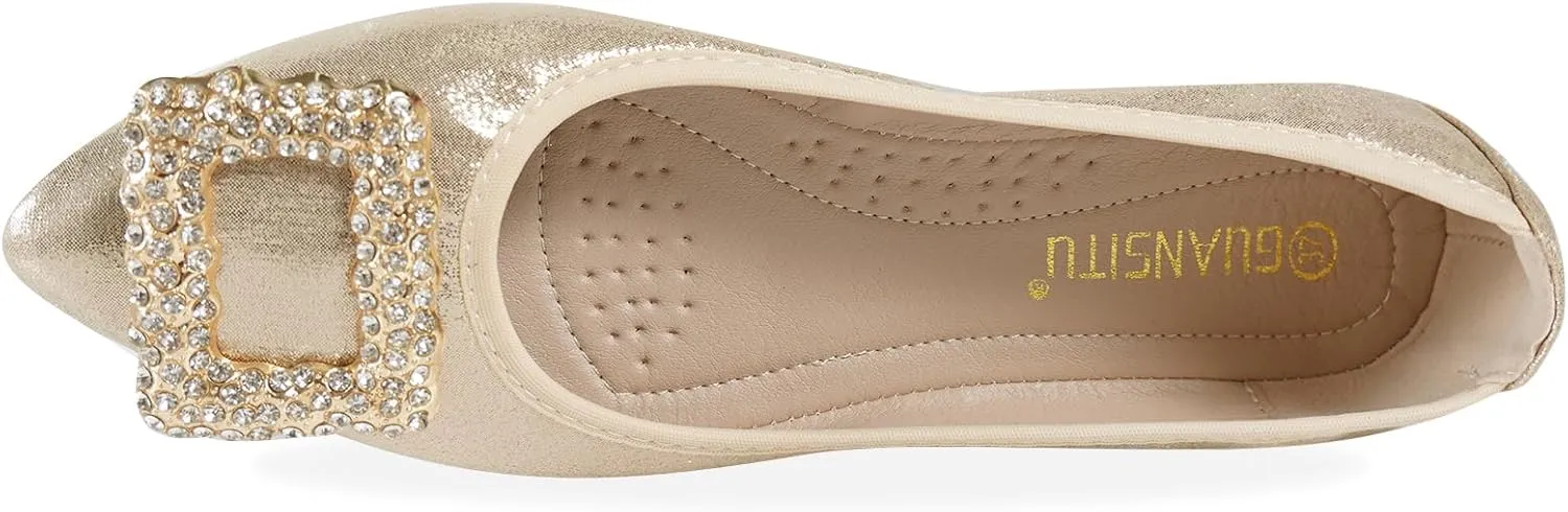 Women's Flats, Foldable Ballet Flats for Women, Fashion Buckle Pionted Toe Comfort Light Weight Slip-On Dress Shoes