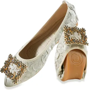 Women's Flats, Foldable Ballet Flats for Women, Fashion Buckle Pionted Toe Comfort Light Weight Slip-On Dress Shoes