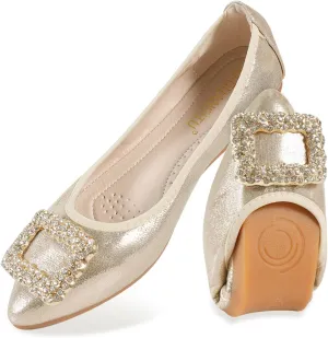 Women's Flats, Foldable Ballet Flats for Women, Fashion Buckle Pionted Toe Comfort Light Weight Slip-On Dress Shoes