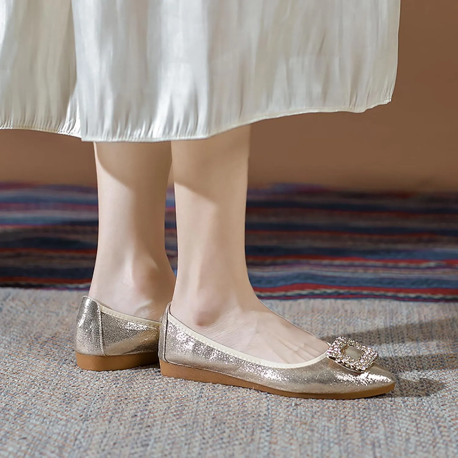 Women's Flats, Foldable Ballet Flats for Women, Fashion Buckle Pionted Toe Comfort Light Weight Slip-On Dress Shoes