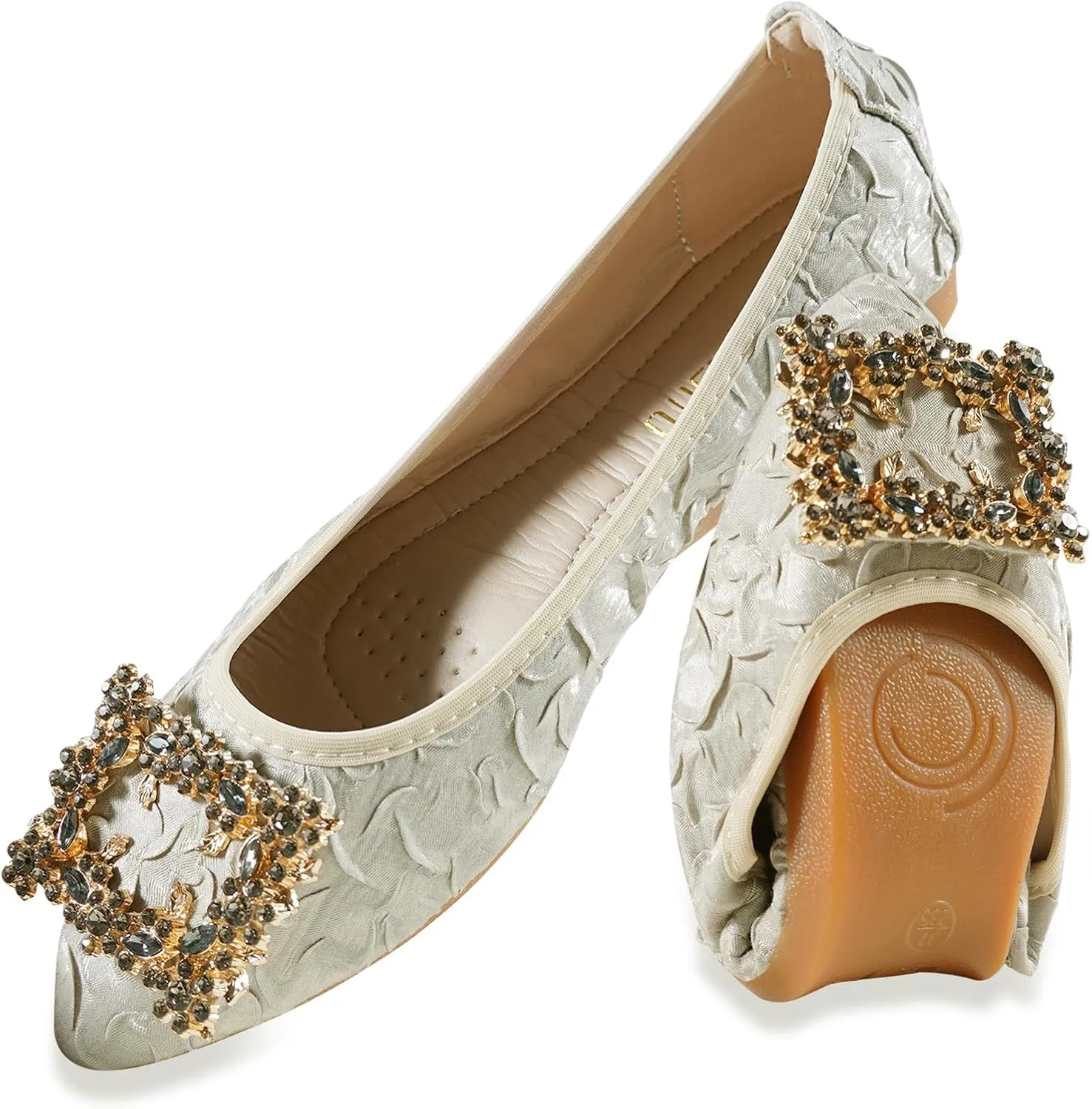 Women's Flats, Foldable Ballet Flats for Women, Fashion Buckle Pionted Toe Comfort Light Weight Slip-On Dress Shoes