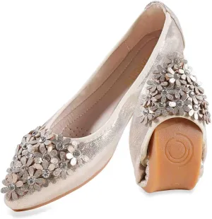 Women's Flats, Foldable Ballet Flats for Women, Flower Pionted Toe Comfort Light Weight Slip-On Dress Shoes