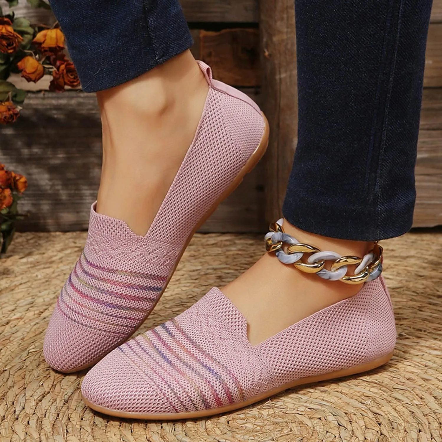 Women's Flats Shoes Ballet Flats Knitted Dress Shoes Knit Flat Shoes for Women Square Toe Flats for Women