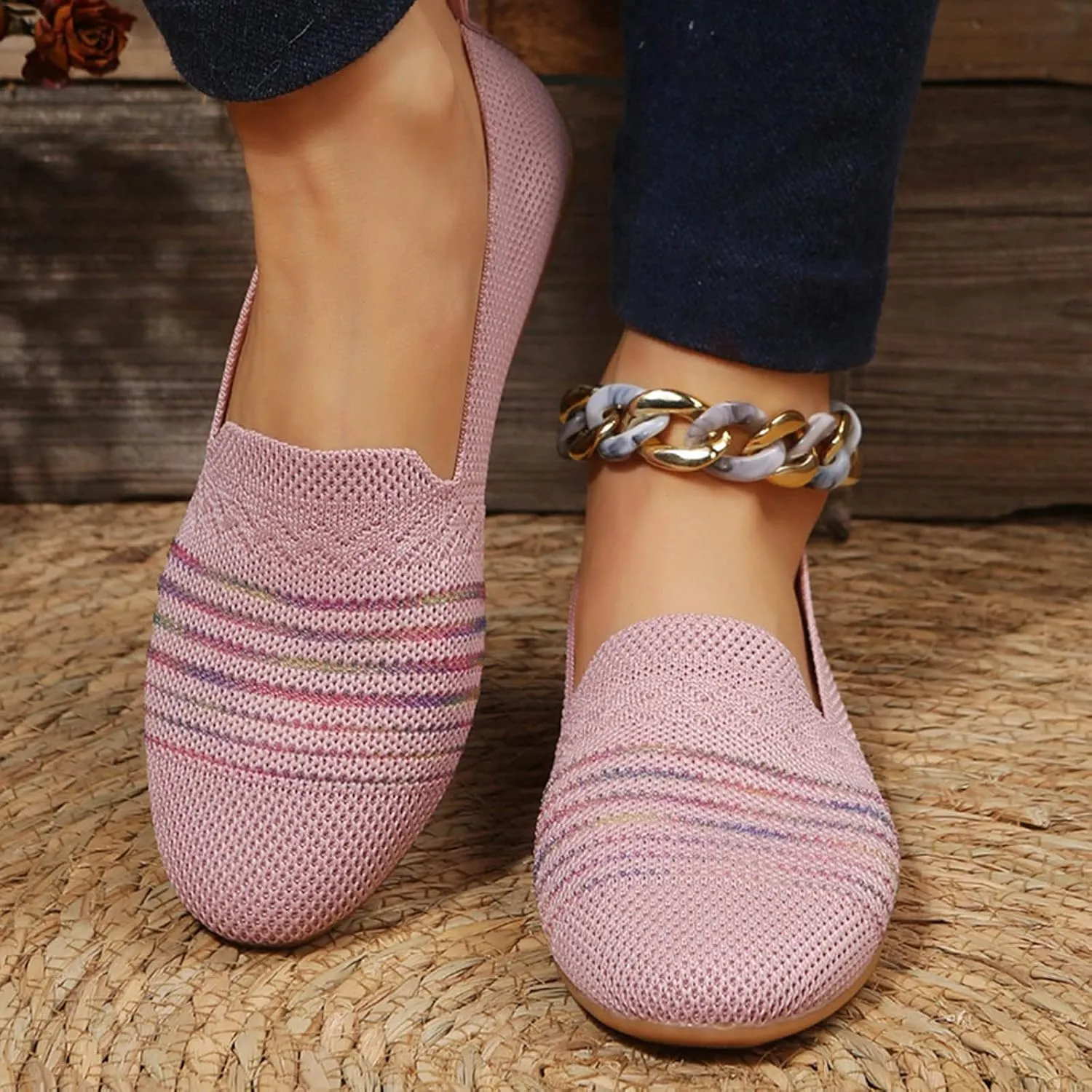 Women's Flats Shoes Ballet Flats Knitted Dress Shoes Knit Flat Shoes for Women Square Toe Flats for Women