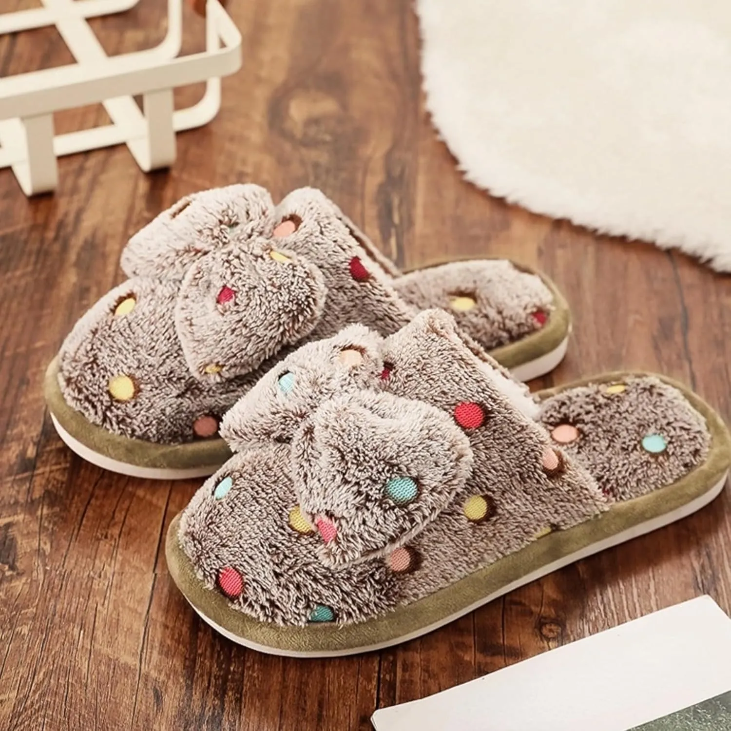 Women's Fleece Bow House Slippers Indoor, Soft Comfy Cozy Plush Slip On Slippers with Bows, Bow Tie Winter Warm Fuzzy Bedroom Shoes