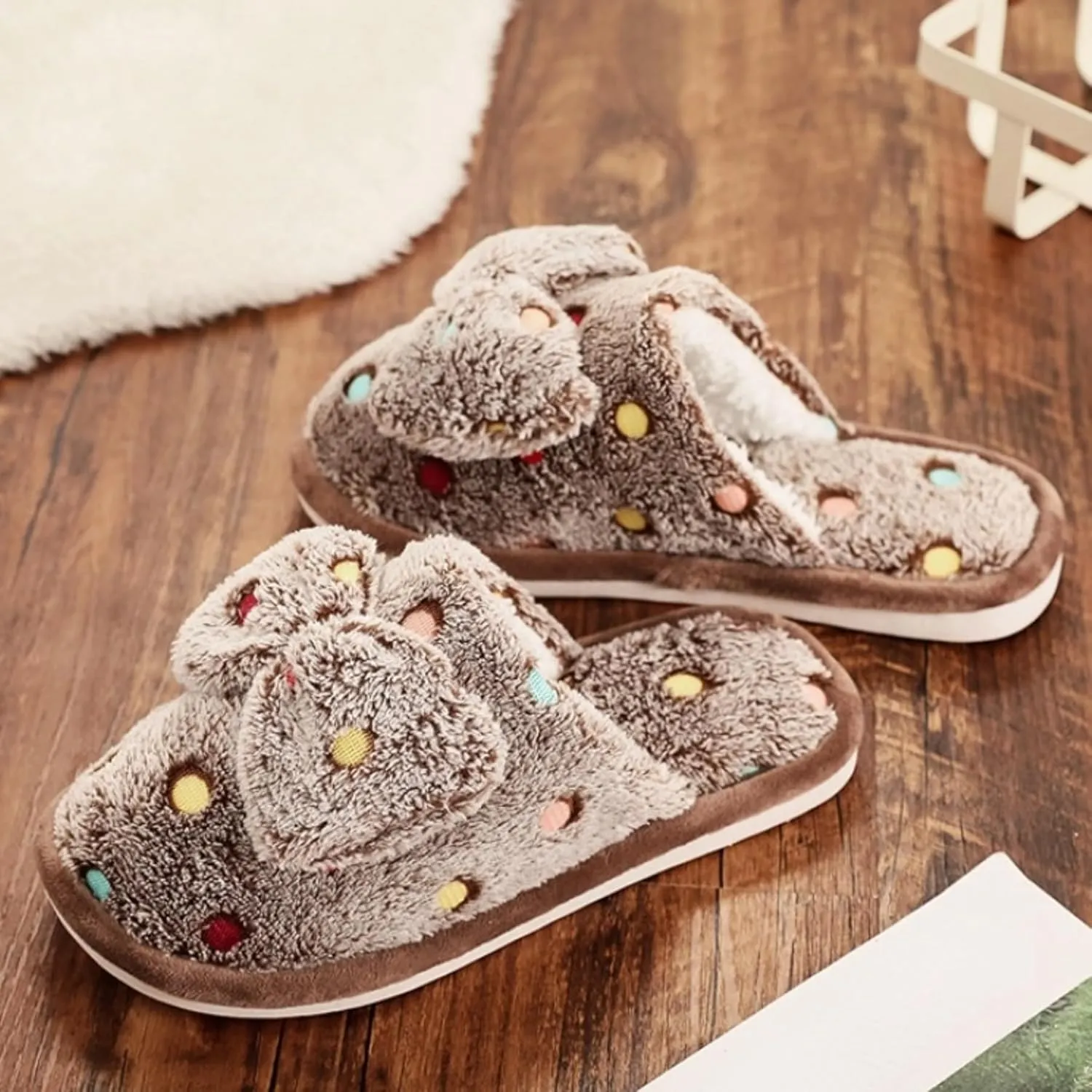 Women's Fleece Bow House Slippers Indoor, Soft Comfy Cozy Plush Slip On Slippers with Bows, Bow Tie Winter Warm Fuzzy Bedroom Shoes