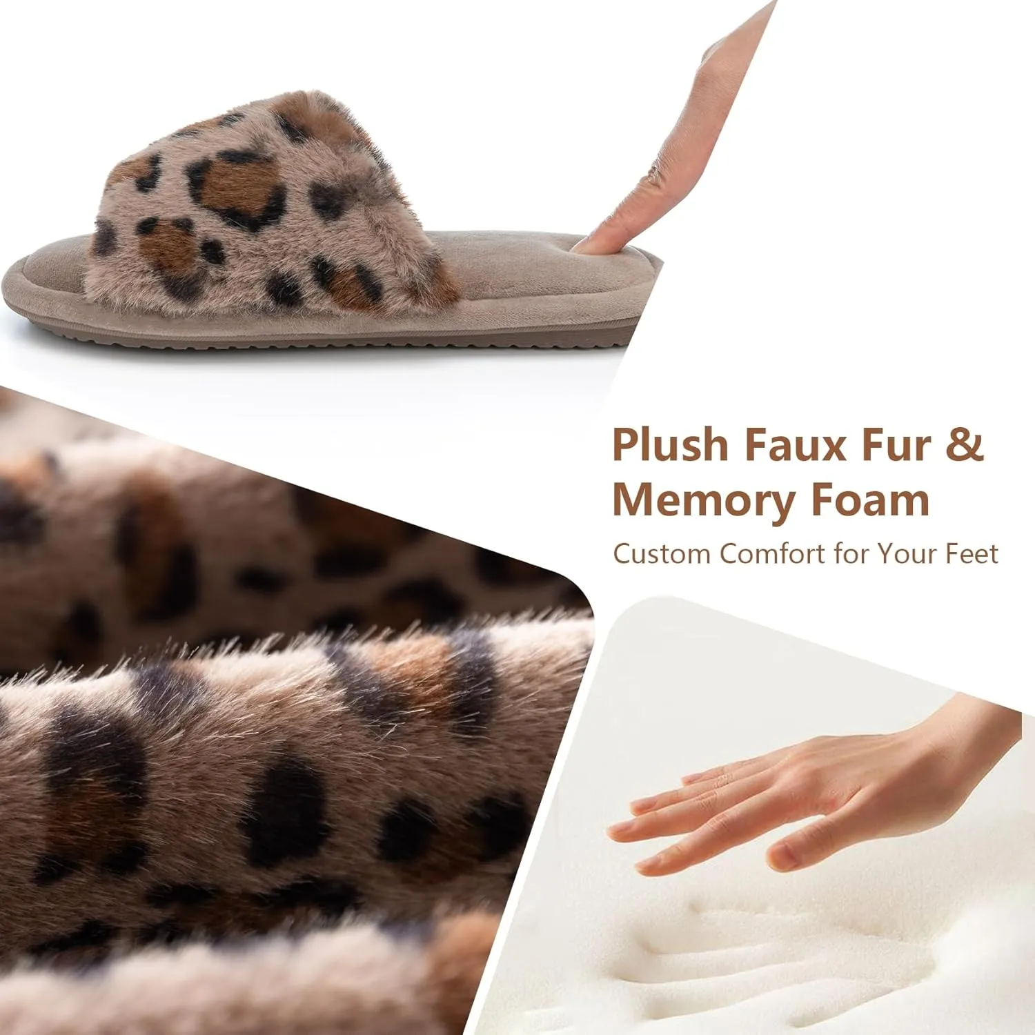 Women's Fuzzy Open-Toe House Slippers with Memory Foam - Leopard Print Plush Cozy Cute Slipper Indoor/Outdoor Soft Slip On Slides Gifts for Women Mom Her Ladies