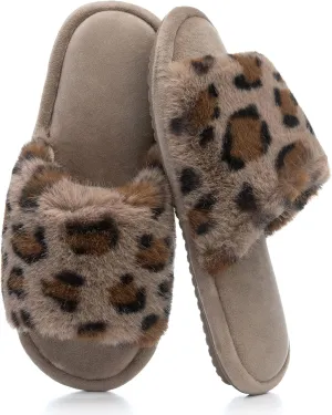 Women's Fuzzy Open-Toe House Slippers with Memory Foam - Leopard Print Plush Cozy Cute Slipper Indoor/Outdoor Soft Slip On Slides Gifts for Women Mom Her Ladies