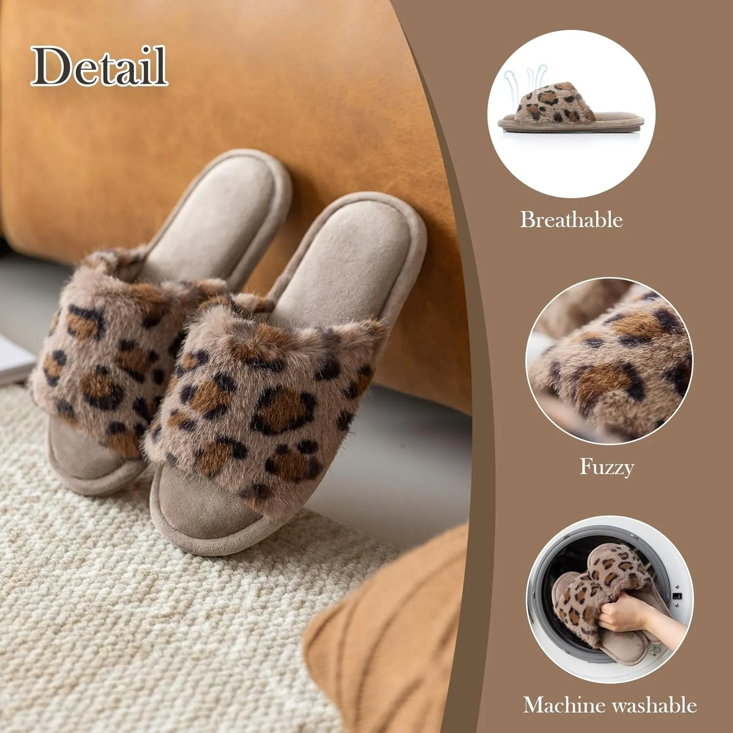 Women's Fuzzy Open-Toe House Slippers with Memory Foam - Leopard Print Plush Cozy Cute Slipper Indoor/Outdoor Soft Slip On Slides Gifts for Women Mom Her Ladies