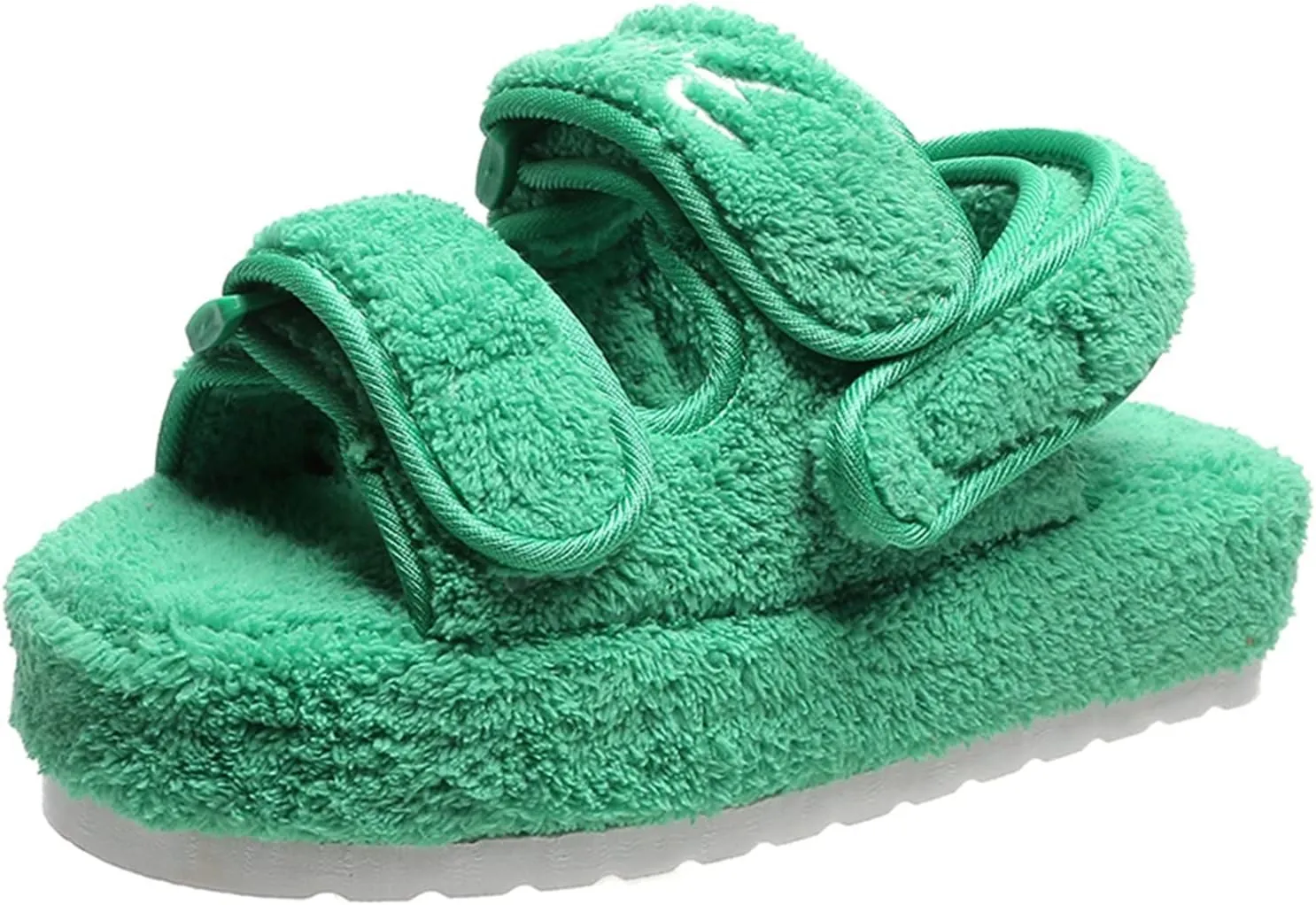 Women's Fuzzy Slides Fluffy Faux Fur Slippers Open Toe Adjustable Cork Slide Sandals with Arch Support Cozy Yoga Mat Indoor Outdoor Shoes