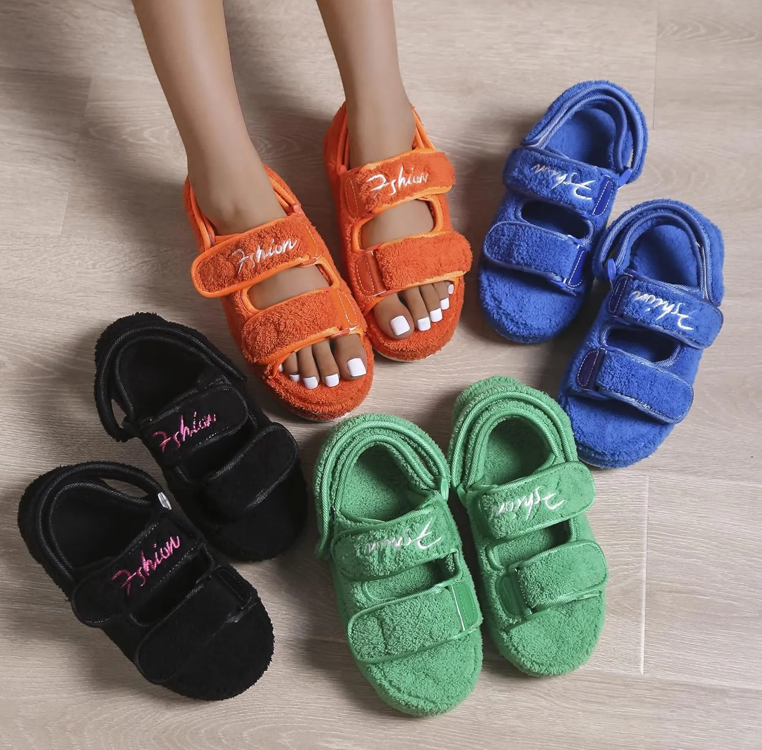 Women's Fuzzy Slides Fluffy Faux Fur Slippers Open Toe Adjustable Cork Slide Sandals with Arch Support Cozy Yoga Mat Indoor Outdoor Shoes