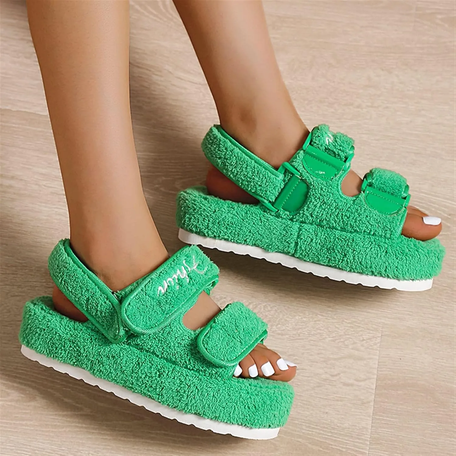 Women's Fuzzy Slides Fluffy Faux Fur Slippers Open Toe Adjustable Cork Slide Sandals with Arch Support Cozy Yoga Mat Indoor Outdoor Shoes