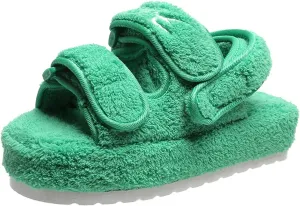 Women's Fuzzy Slides Fluffy Faux Fur Slippers Open Toe Adjustable Cork Slide Sandals with Arch Support Cozy Yoga Mat Indoor Outdoor Shoes