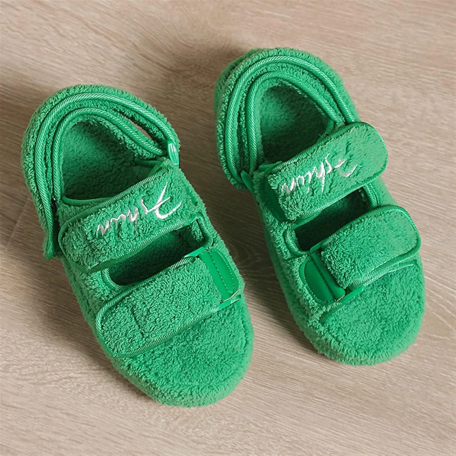 Women's Fuzzy Slides Fluffy Faux Fur Slippers Open Toe Adjustable Cork Slide Sandals with Arch Support Cozy Yoga Mat Indoor Outdoor Shoes