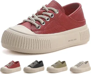 Women's Genuine Leather Lace Up Anti-Collision Platform Fashion Sneaker Retro Round Toe Low Top Soft Sole Heighten Walking Shoes Comfortable Casual Running Tennis Shoes
