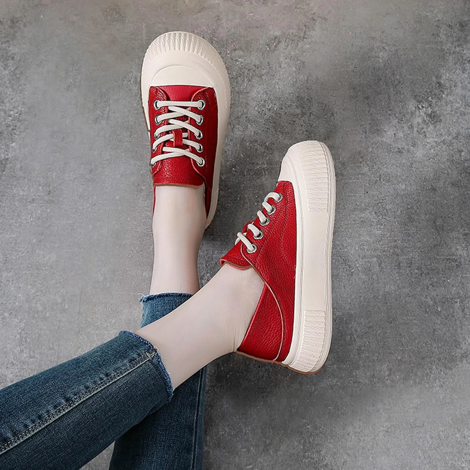 Women's Genuine Leather Lace Up Anti-Collision Platform Fashion Sneaker Retro Round Toe Low Top Soft Sole Heighten Walking Shoes Comfortable Casual Running Tennis Shoes