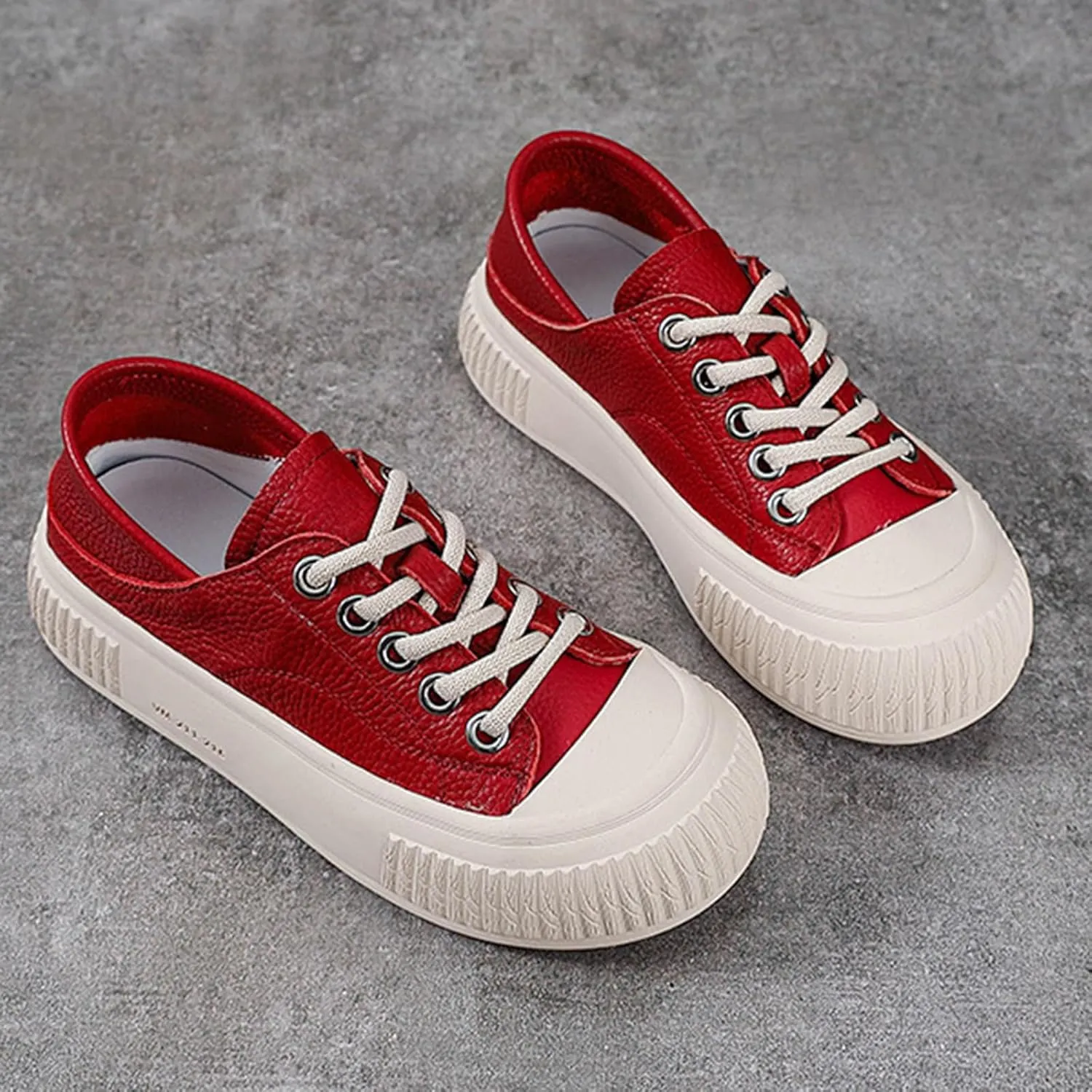 Women's Genuine Leather Lace Up Anti-Collision Platform Fashion Sneaker Retro Round Toe Low Top Soft Sole Heighten Walking Shoes Comfortable Casual Running Tennis Shoes