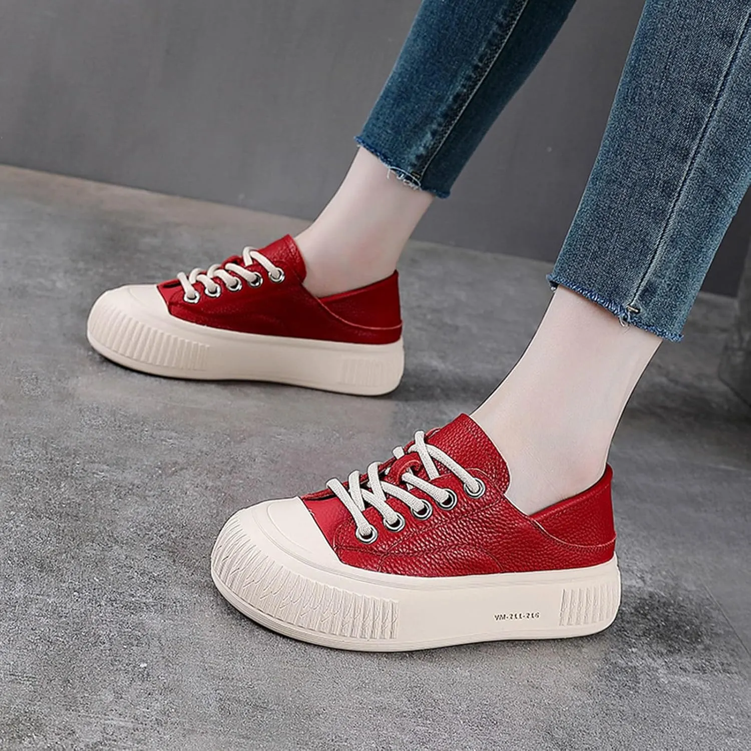 Women's Genuine Leather Lace Up Anti-Collision Platform Fashion Sneaker Retro Round Toe Low Top Soft Sole Heighten Walking Shoes Comfortable Casual Running Tennis Shoes
