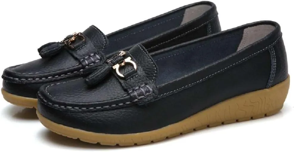 Women's Genuine Leather Platform Loafers Classic Casual Comfort Slip-On Shoes Soft Sole Dress Shoes