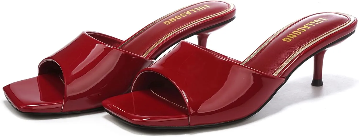 Women's Kitten Heels Sandals Low Heels Slip On Slides 2 Inch Heeled Square Open Toe Sandals for Women