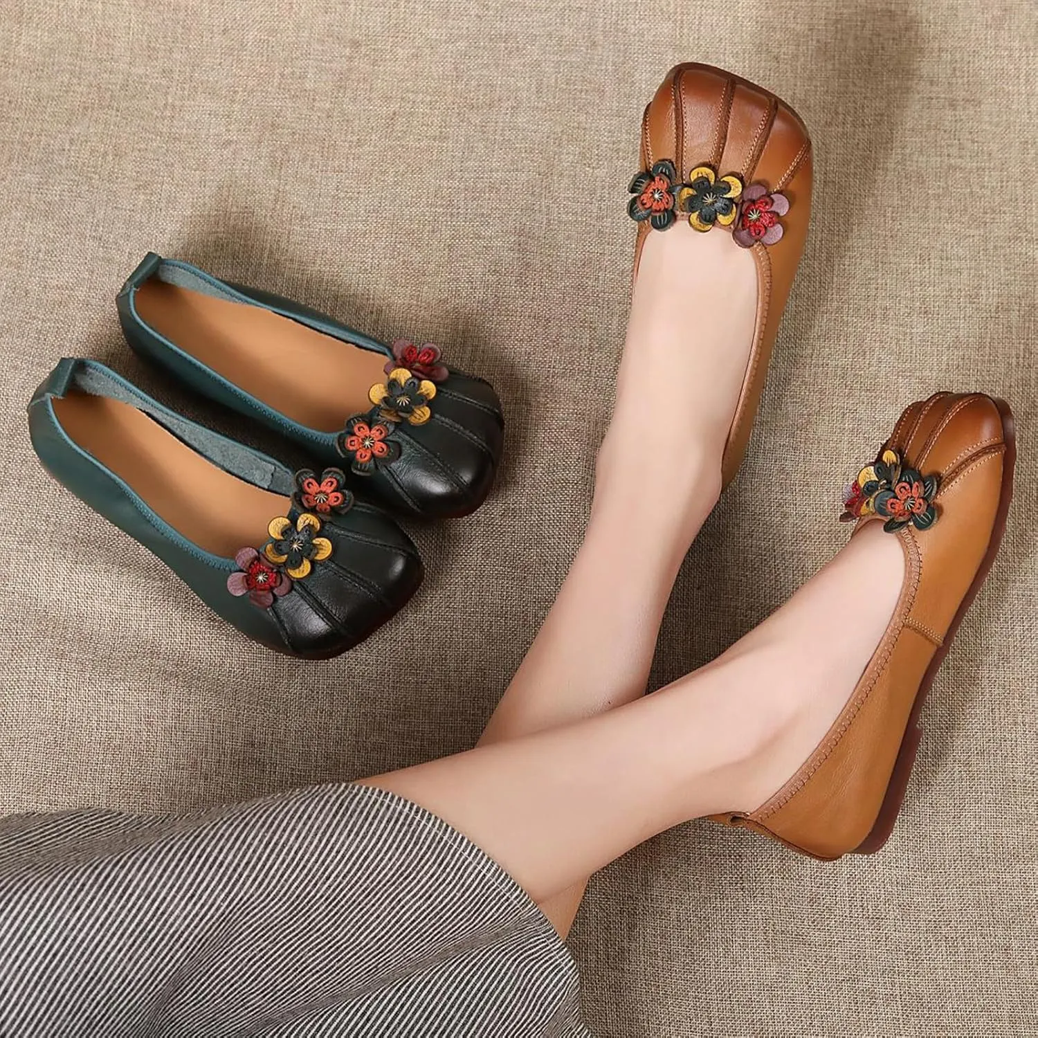 Women's Leather Square Toe Flats,Slip-On Vintage Comfort Non-Slip Soft Sole Flowers Oxford Dressy Casual Ballet Shoes