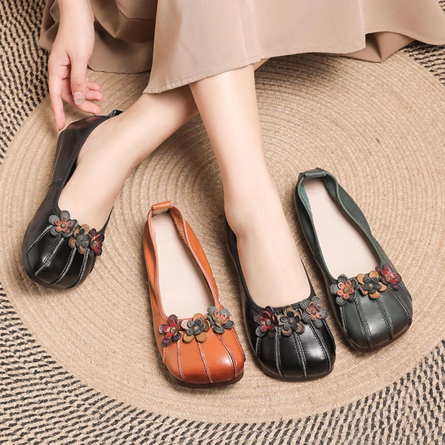 Women's Leather Square Toe Flats,Slip-On Vintage Comfort Non-Slip Soft Sole Flowers Oxford Dressy Casual Ballet Shoes