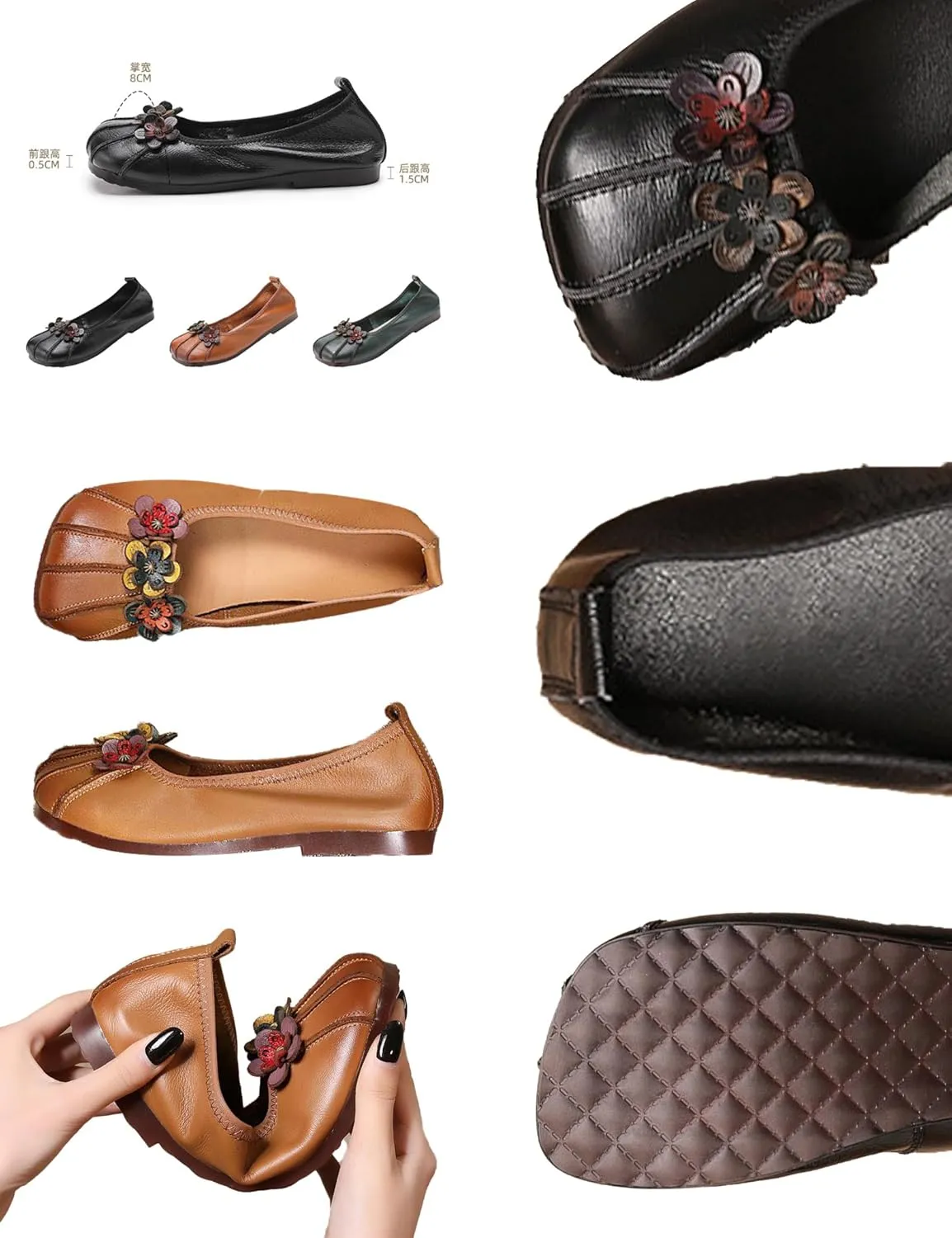 Women's Leather Square Toe Flats,Slip-On Vintage Comfort Non-Slip Soft Sole Flowers Oxford Dressy Casual Ballet Shoes
