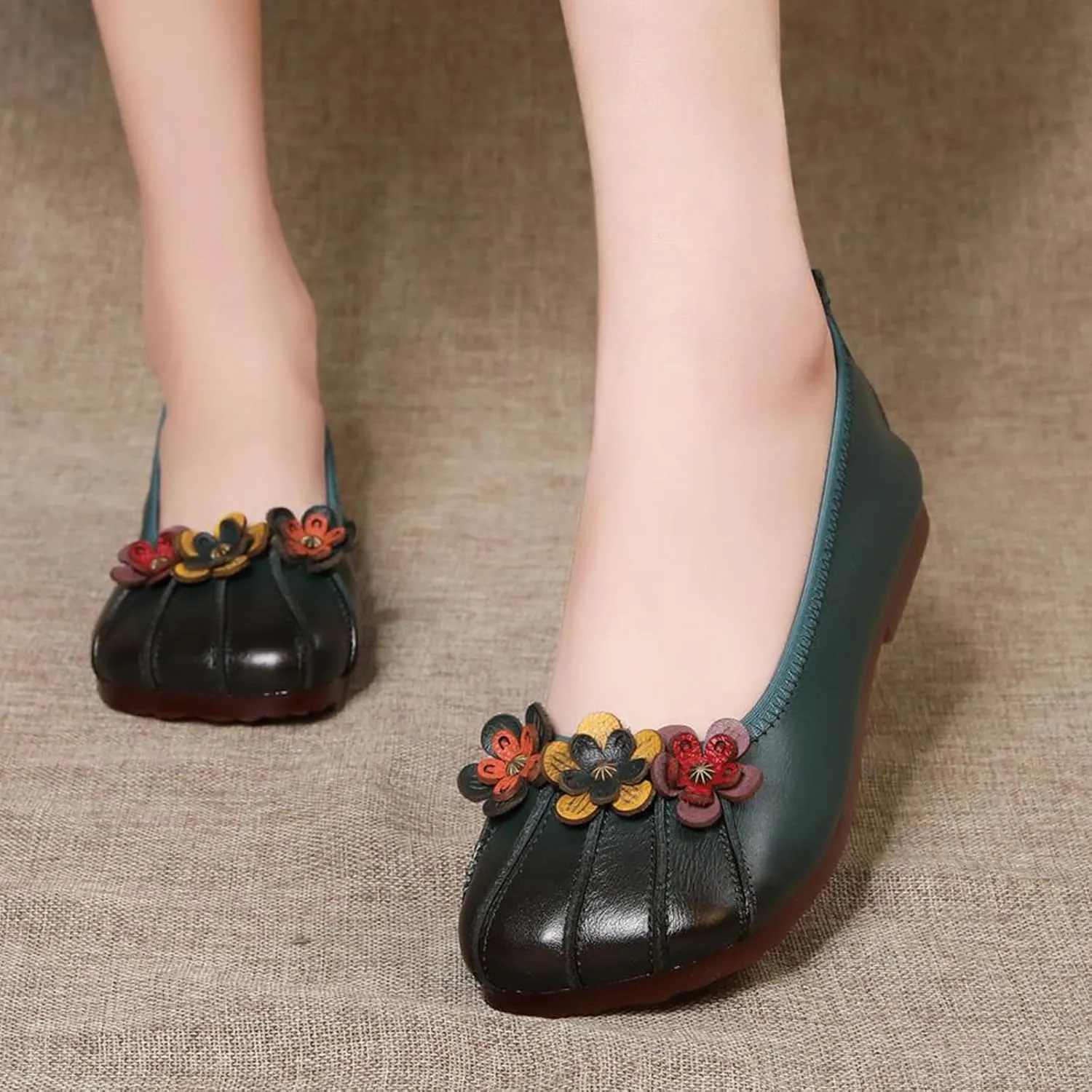 Women's Leather Square Toe Flats,Slip-On Vintage Comfort Non-Slip Soft Sole Flowers Oxford Dressy Casual Ballet Shoes