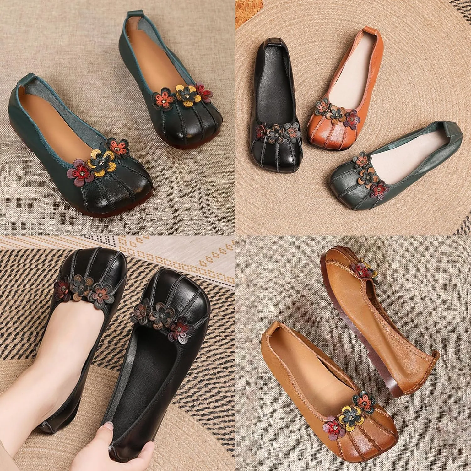 Women's Leather Square Toe Flats,Slip-On Vintage Comfort Non-Slip Soft Sole Flowers Oxford Dressy Casual Ballet Shoes