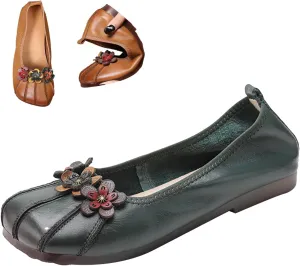Women's Leather Square Toe Flats,Slip-On Vintage Comfort Non-Slip Soft Sole Flowers Oxford Dressy Casual Ballet Shoes
