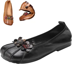 Women's Leather Square Toe Flats,Slip-On Vintage Comfort Non-Slip Soft Sole Flowers Oxford Dressy Casual Ballet Shoes