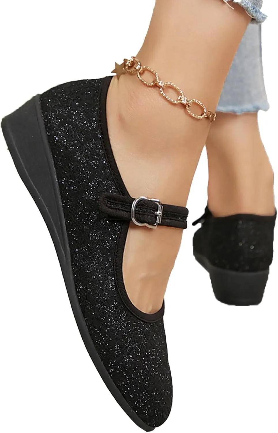 Women's Mary Jane Flats Comfortable Slip-on Flats Round Toe Dressy Ballet Shoes for Women