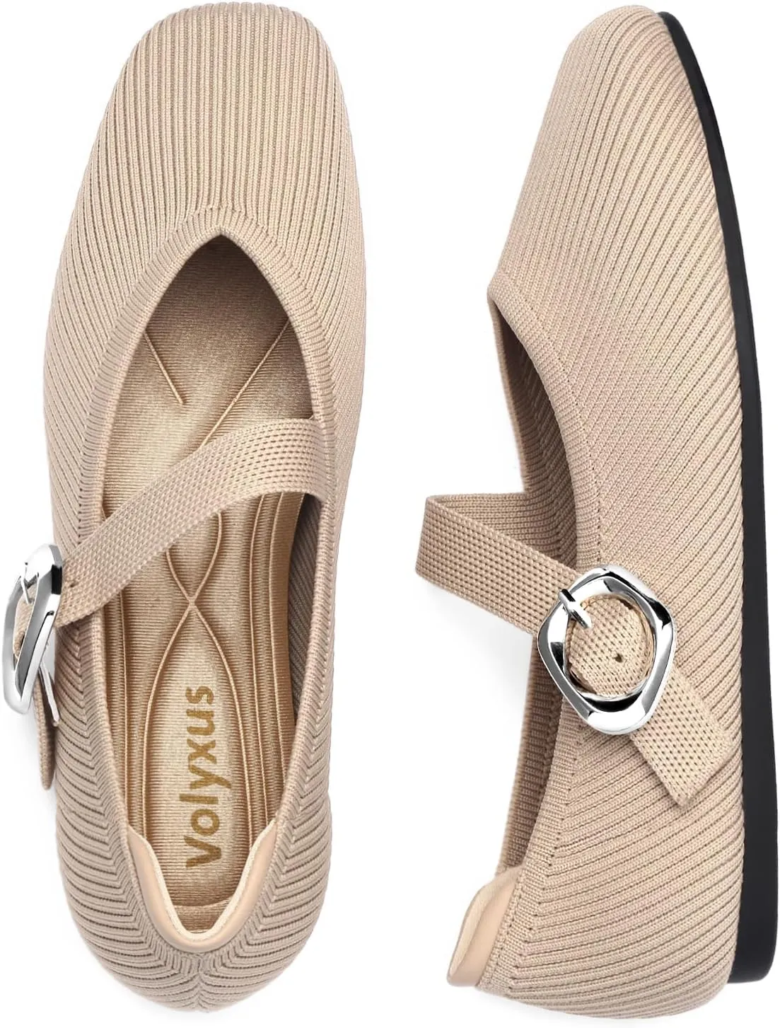Women's Mary Jane Flats Shoes Square Toe Ballet Flats Comfortable Dressy Knit Flats with Strap Slip On Washable Casual Office Shoes