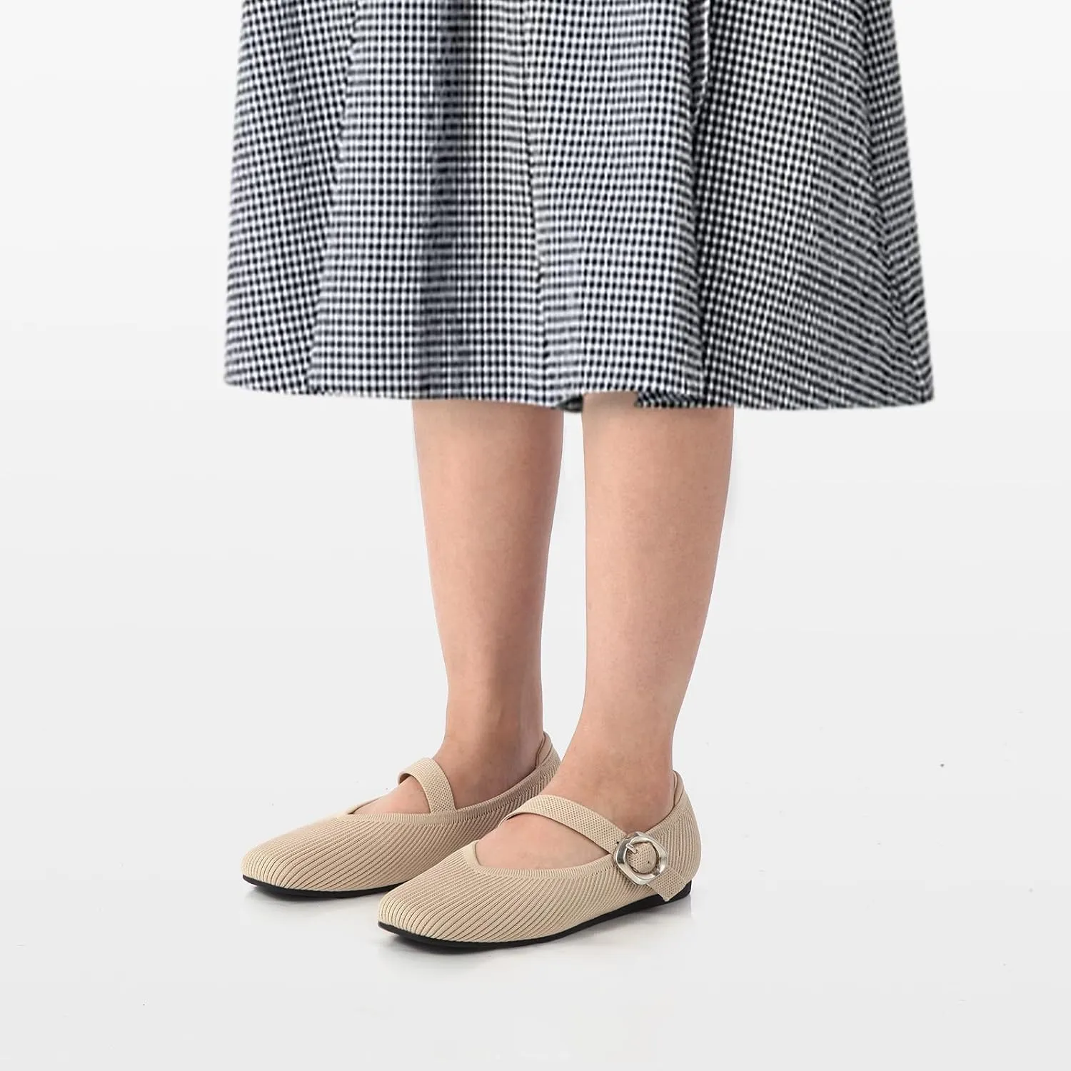 Women's Mary Jane Flats Shoes Square Toe Ballet Flats Comfortable Dressy Knit Flats with Strap Slip On Washable Casual Office Shoes