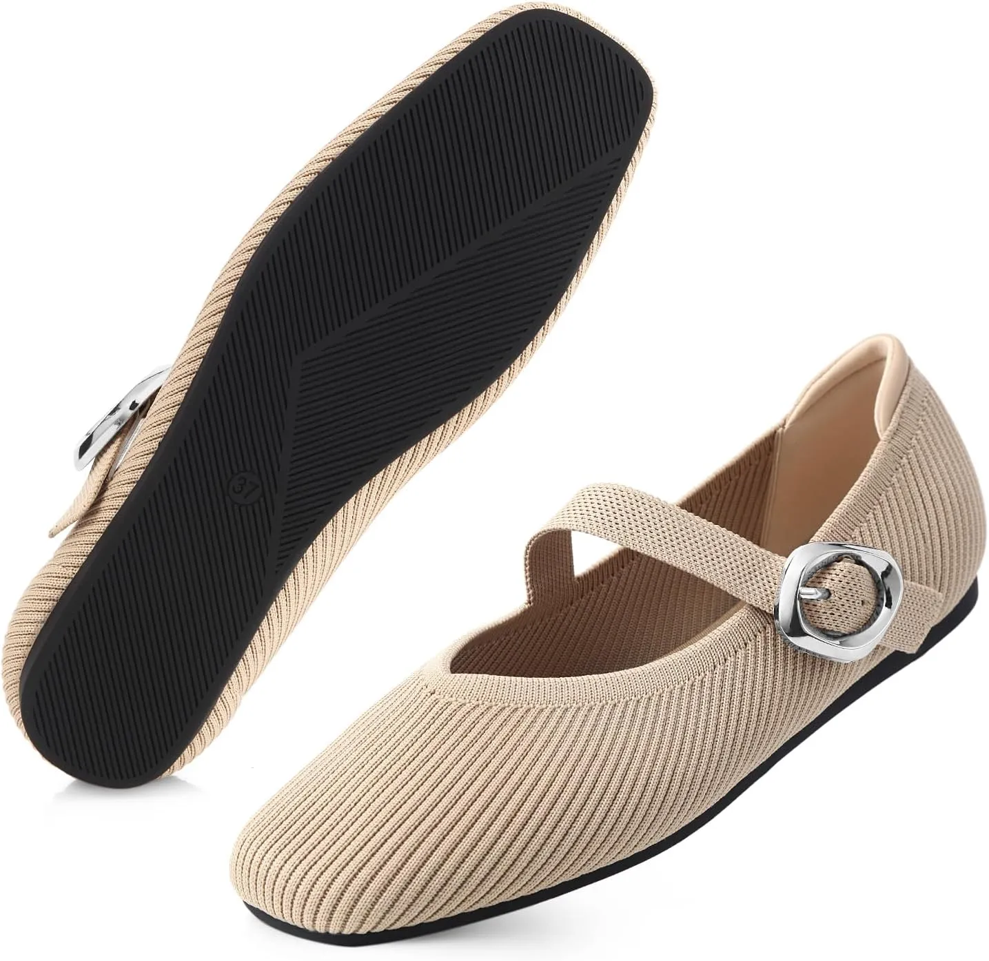 Women's Mary Jane Flats Shoes Square Toe Ballet Flats Comfortable Dressy Knit Flats with Strap Slip On Washable Casual Office Shoes