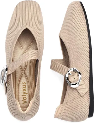 Women's Mary Jane Flats Shoes Square Toe Ballet Flats Comfortable Dressy Knit Flats with Strap Slip On Washable Casual Office Shoes