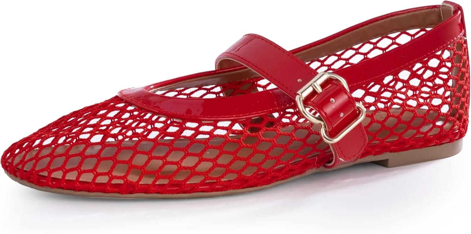 Women’s Mesh Ballet Flats – Fishnet Mary Jane Flats with Adjustable Buckle Strap, Breathable & Stylish Ballerina Shoes