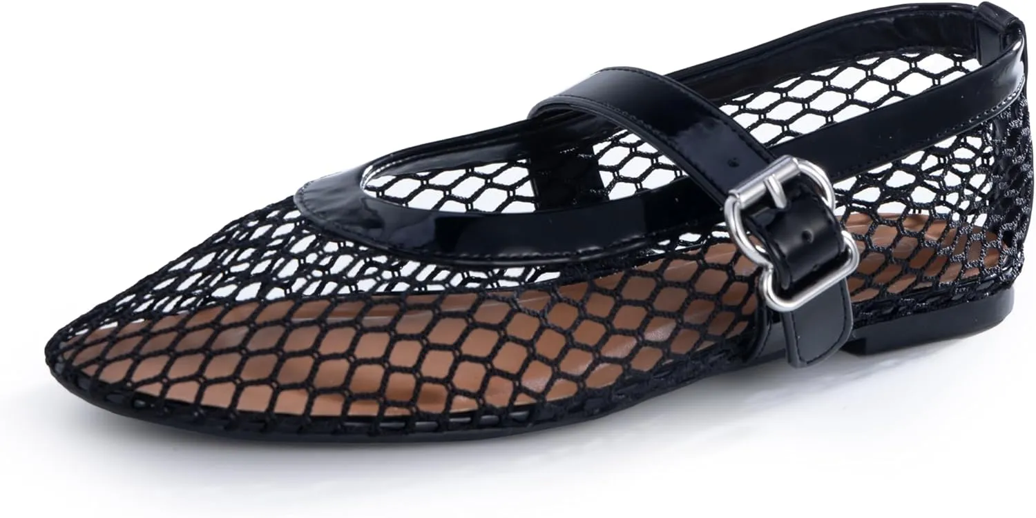 Women’s Mesh Ballet Flats – Fishnet Mary Jane Flats with Adjustable Buckle Strap, Breathable & Stylish Ballerina Shoes