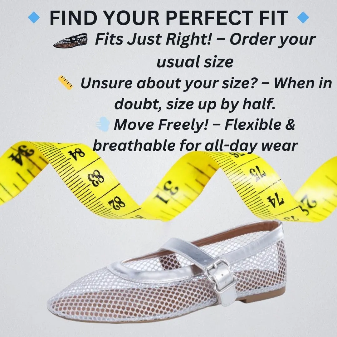Women’s Mesh Ballet Flats – Fishnet Mary Jane Flats with Adjustable Buckle Strap, Breathable & Stylish Ballerina Shoes