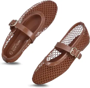 Women’s Mesh Ballet Flats – Fishnet Mary Jane Flats with Adjustable Buckle Strap, Breathable & Stylish Ballerina Shoes