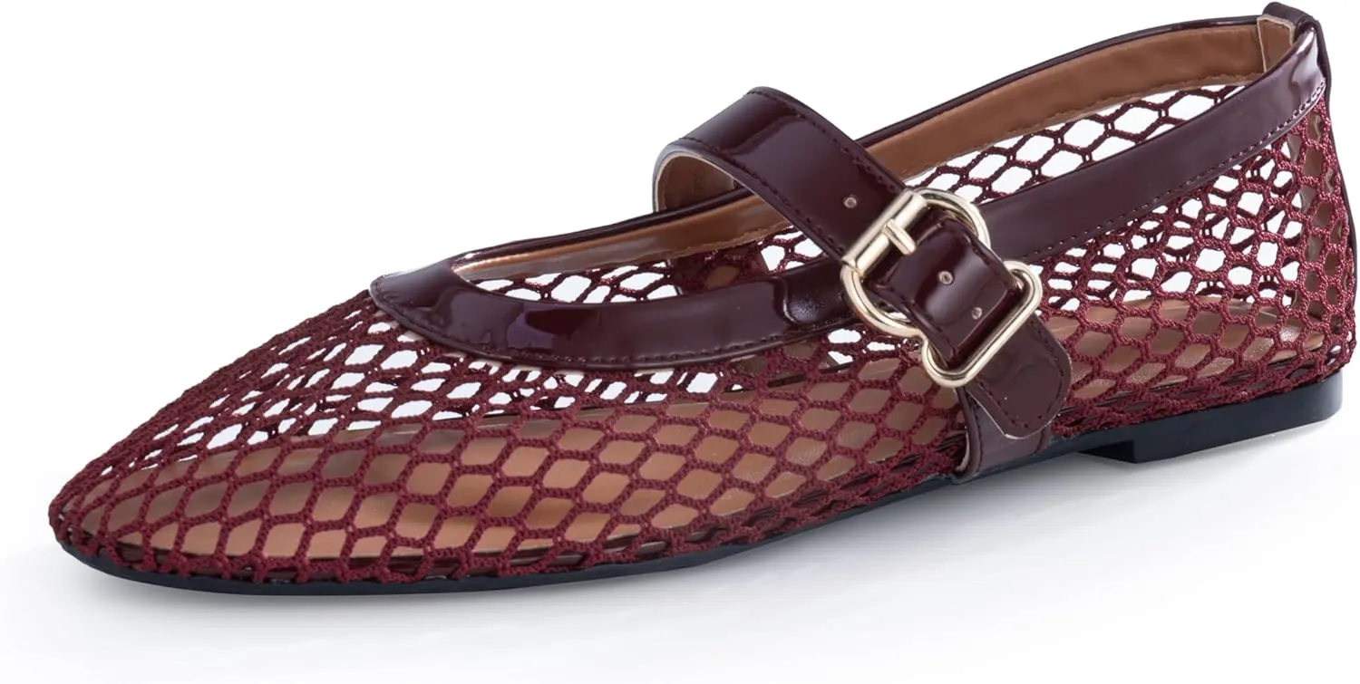 Women’s Mesh Ballet Flats – Fishnet Mary Jane Flats with Adjustable Buckle Strap, Breathable & Stylish Ballerina Shoes