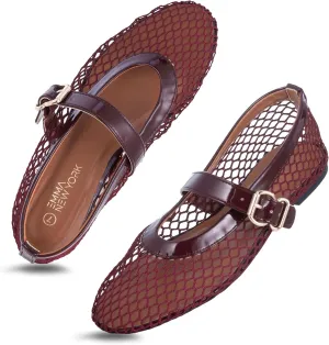 Women’s Mesh Ballet Flats – Fishnet Mary Jane Flats with Adjustable Buckle Strap, Breathable & Stylish Ballerina Shoes