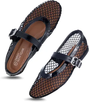 Women’s Mesh Ballet Flats – Fishnet Mary Jane Flats with Adjustable Buckle Strap, Breathable & Stylish Ballerina Shoes